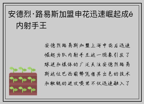 安德烈·路易斯加盟申花迅速崛起成队内射手王 安德烈·路易斯加盟申花迅速崛起成队内射手王