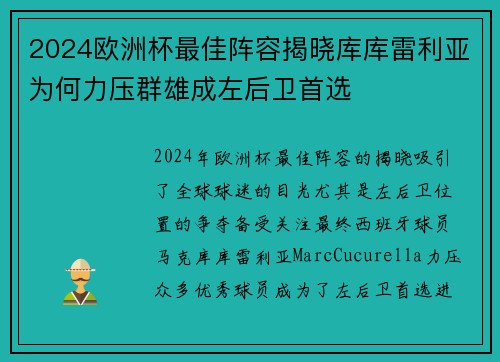 2024欧洲杯最佳阵容揭晓库库雷利亚为何力压群雄成左后卫首选 2024欧洲杯最佳阵容揭晓库库雷利亚为何力压群雄成左后卫首选