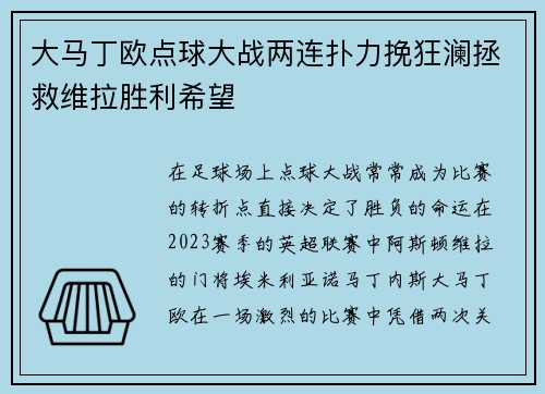 大马丁欧点球大战两连扑力挽狂澜拯救维拉胜利希望 大马丁欧点球大战两连扑力挽狂澜拯救维拉胜利希望